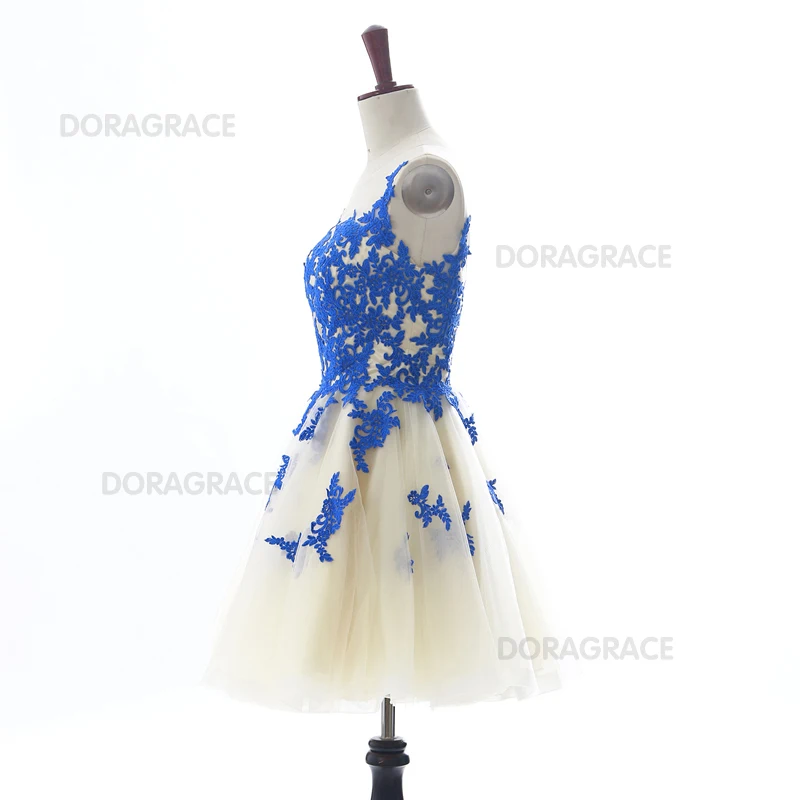 Doragrace реальные изображения vestidos de 15 anos Синий Аппликация Шампанское Короткие Тюль Коктейльные Вечерние платья