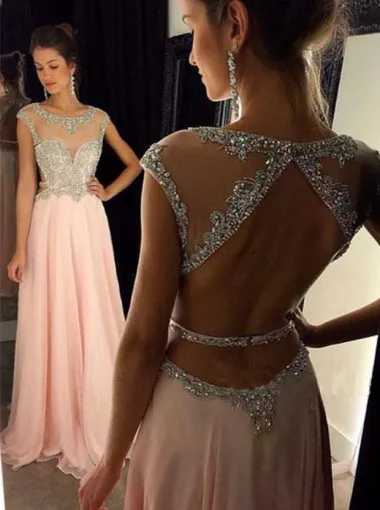 

Alexzendra Light Pink Beaded Prom Dresses Customize Crystals Cap Sleeves Long New Party Dresses Plus Size