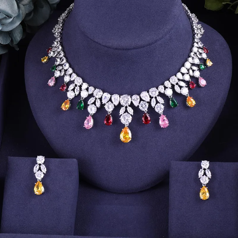 

Multicolor Elegant water drop Bridal Cubic Zirconia Necklace Earrings Sets Big Wedding Jewelry Sets For Brides