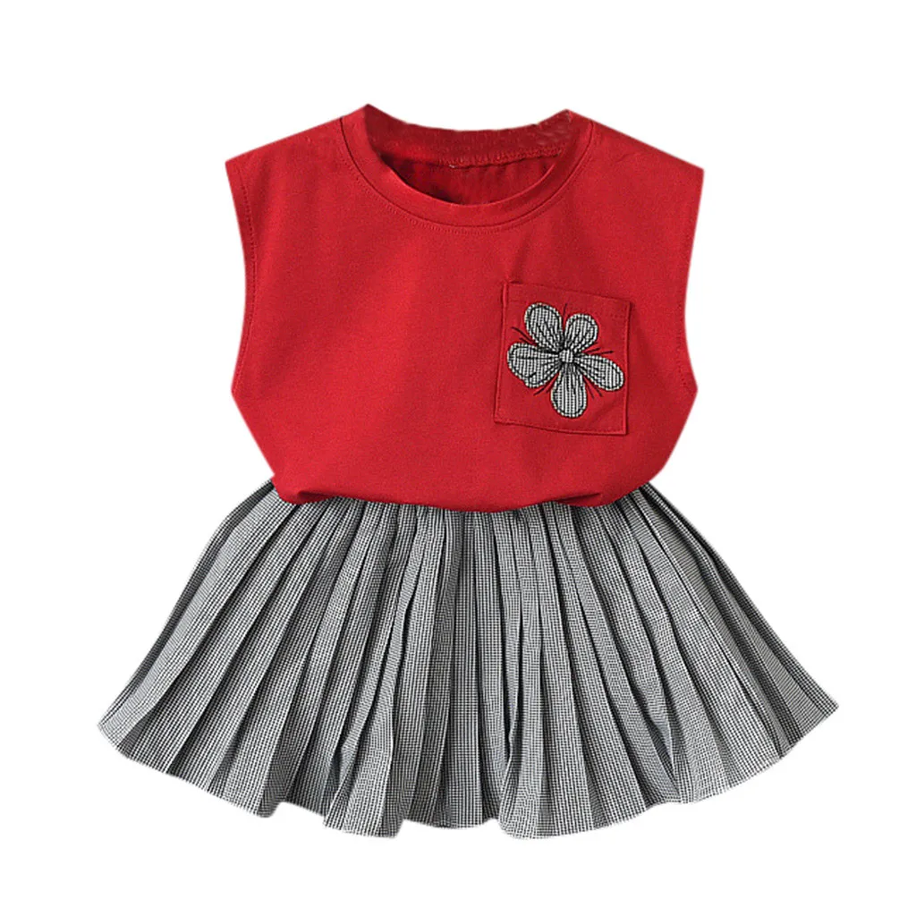 

Children Clothing Set For Girl Summer Clothes Cotton Daily Clothes Sleeveless Floral Vest Tops T Shirt+Plaid Skirt Sets