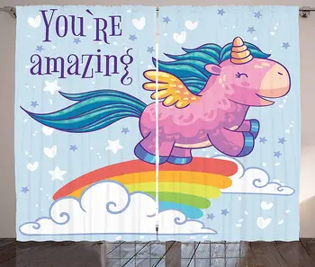 

Unicorn Party Curtains Small Pony Riding a Rainbow in The Sky with Motivational You're Amazing Quote Living Room Bedroom Window