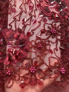 

African Sequins Lace Fabric 2019 Embroidered Nigerian 3D Net Laces Fabric Bridal High Quality Red French Tulle Lace Fabric