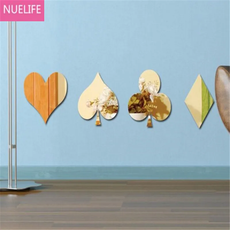 

Heart-shaped poker pattern acrylic mirror stickers bedroom living room dining room TV sofa background wall bed wall sticker N5