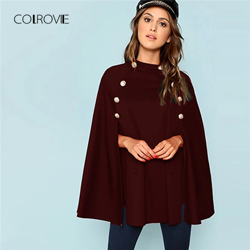 COLROVIE бордовое пальто с двойными пуговицами и воротником-стойкой, элегантное пончо, женские накидки, осень, винтажный плащ, женская верхняя одежда