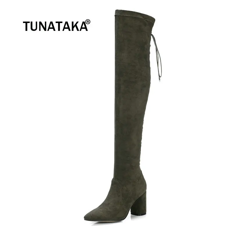 

Suede Square High Heel Zipper Woman Over The Knee Boots Fashion Pointed Toe Stretch Boots Ladies Thigh Boots Black