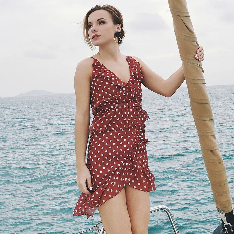 

2019 New Western Wave Point Design Women Mini Sexy Deep V-neck Chiffon Dresses