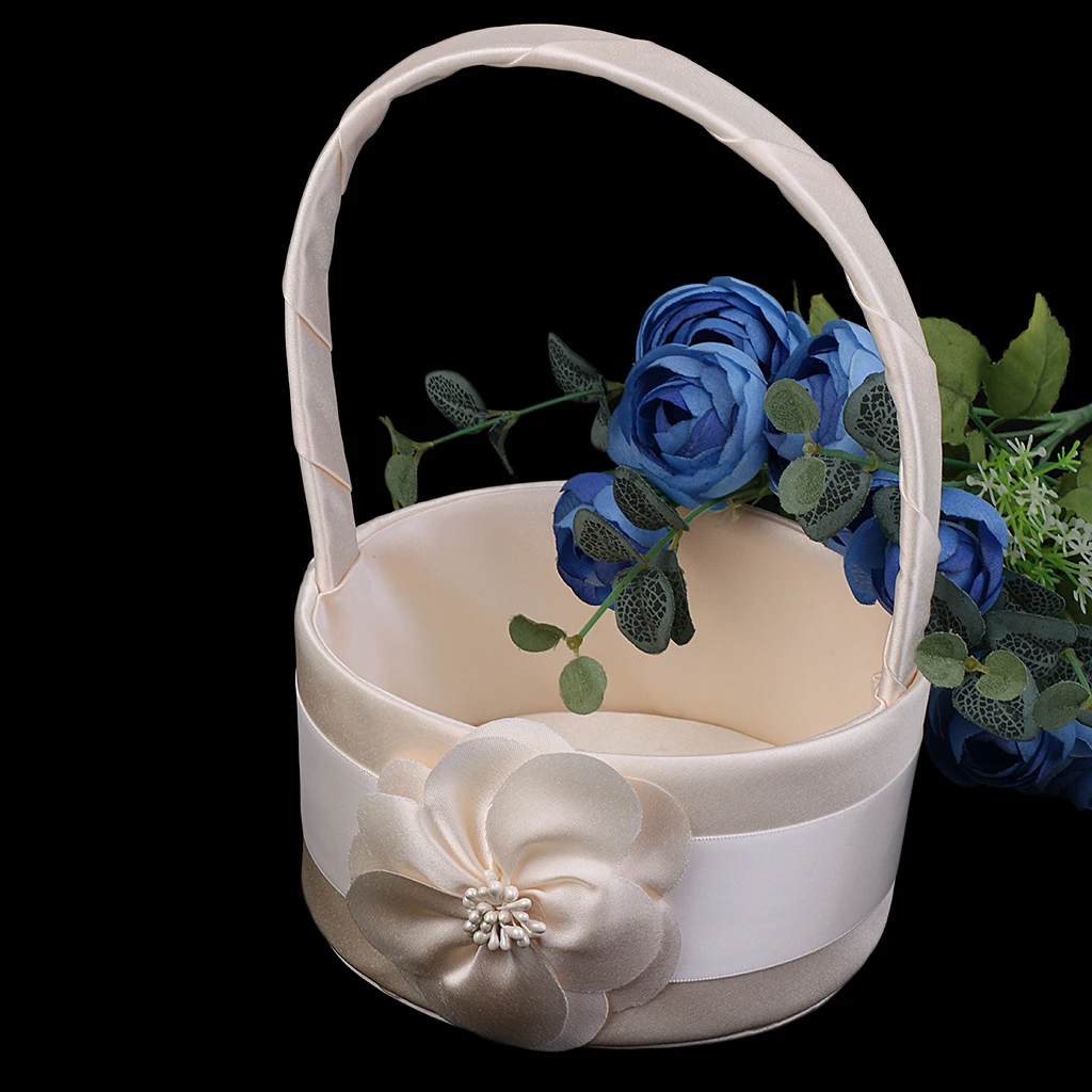 

Champagne Satin Wedding Flower Girl Basket Feather Bridal Petals Basket for Wedding Party Supplies