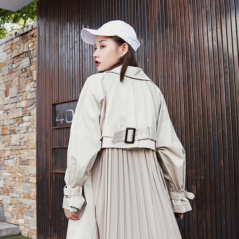2019 New Women Pleated Trench Coat Pockets Fashion Loose Patchwork Long Windbreaker Female Long Sleeve Big Size Overcoat