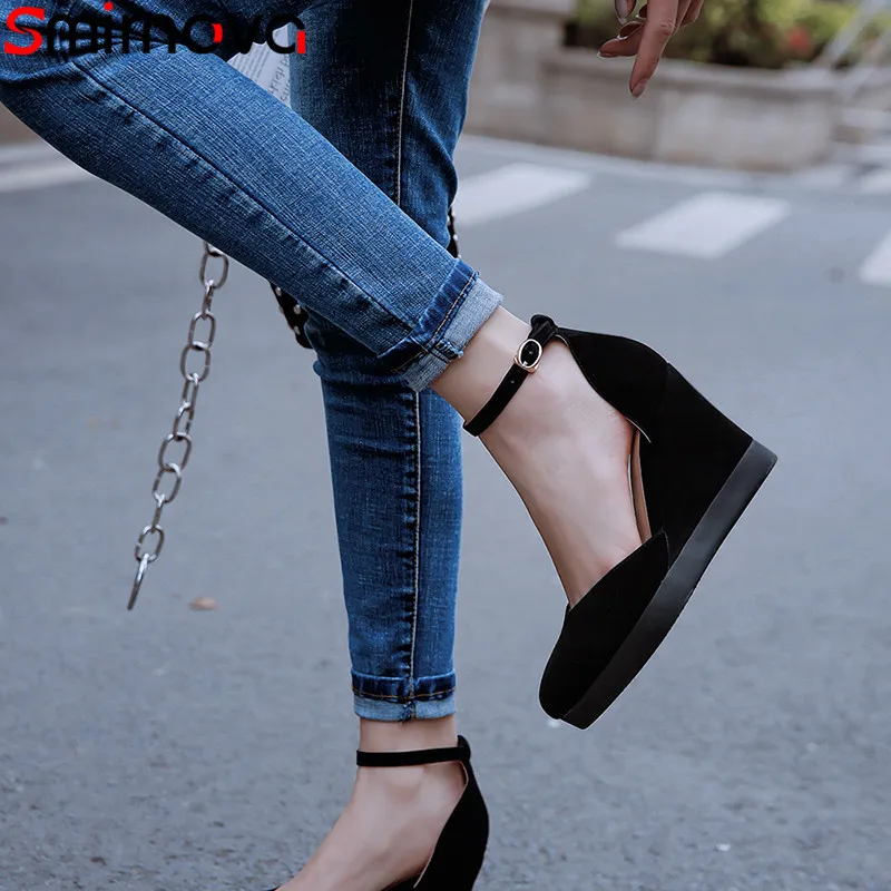 

Smirnova 2019 new pumps shoes for women pointed toe shallow suede leather shoes women high heels ladies shoes wedges prom shoes