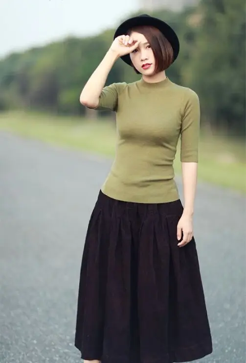 Literature Plus Size Style Corduroy Skirt Mid-length Vintage Loose A-line Type Skirt Elastic Waist Pleated Bubble Long Skirt 2
