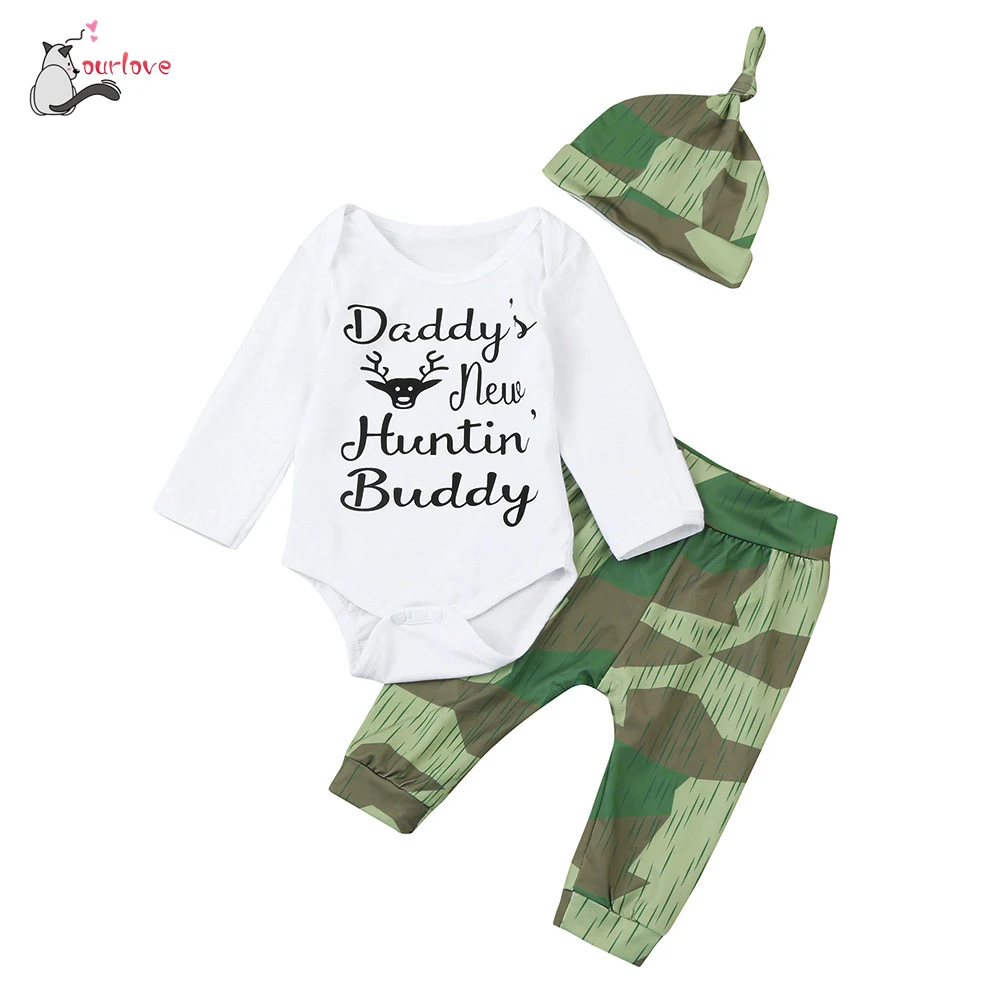 Daddys Baby Boys Girls 3PCS Outfit Set Romper Camouflage Pants with Hat