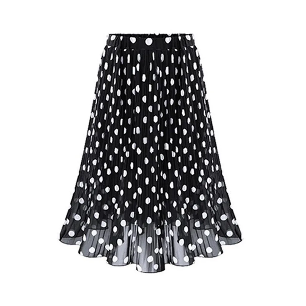 summer Autumn skirts womens Casual high waist skirts Chiffon Dot Pleated elegant elastic Midi Flared Skirt Large size L0710