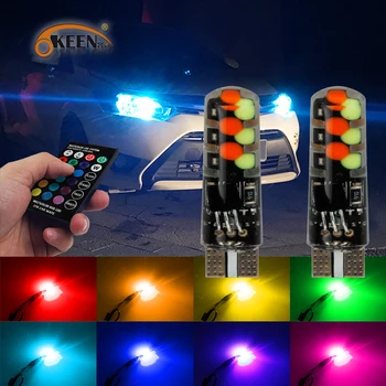 

OKEENN 2pcs T10 w5w 12SMD RGB LED Bulbs Canbus Car With RF Remote Controller Flash Strobe Reading Wedge Light Clearance Lights
