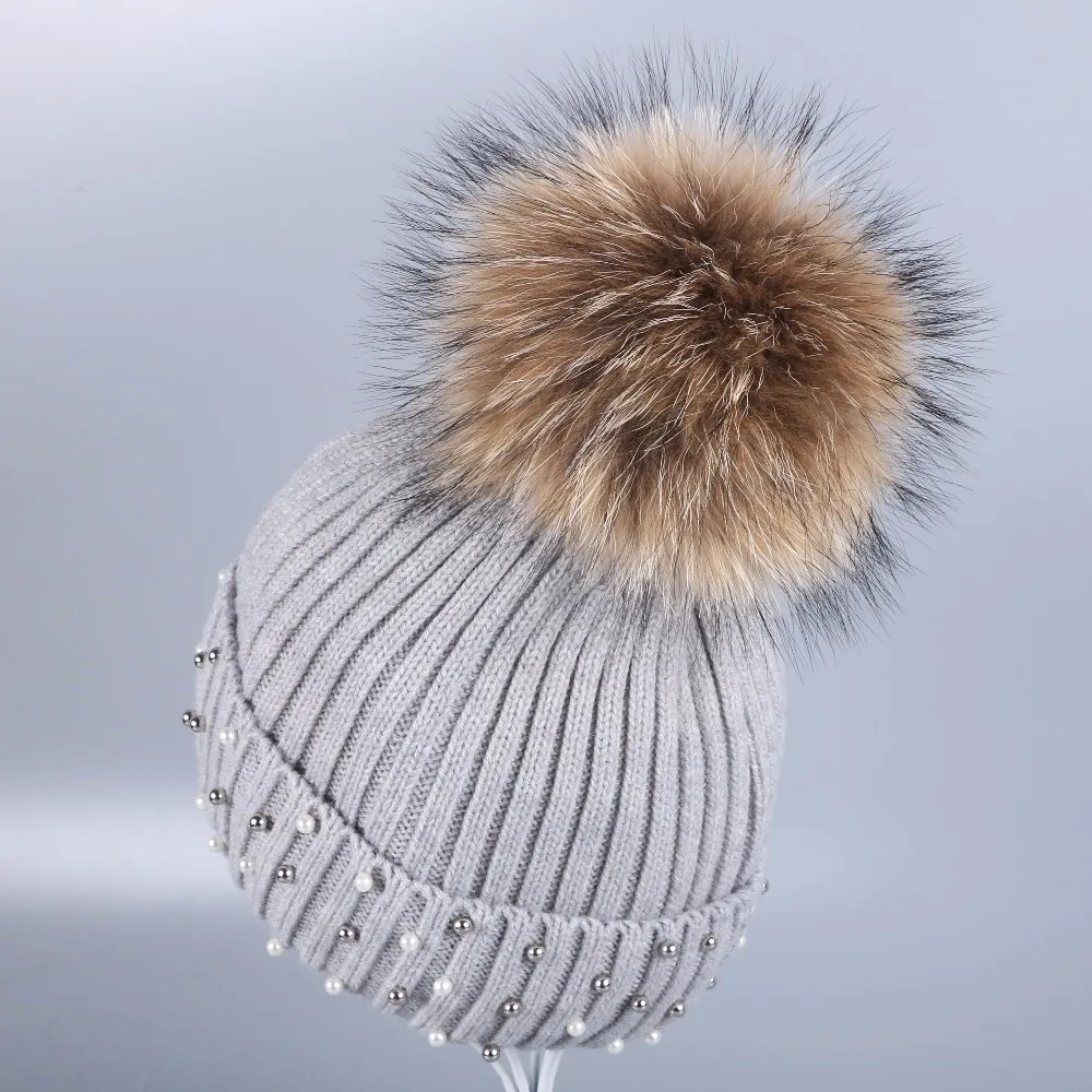Дизайн, женская зимняя шапка с натуральным лисьим мехом норки, меховым помпоном, одноцветная шерстяная кашемировая теплая шапка skullies beanies