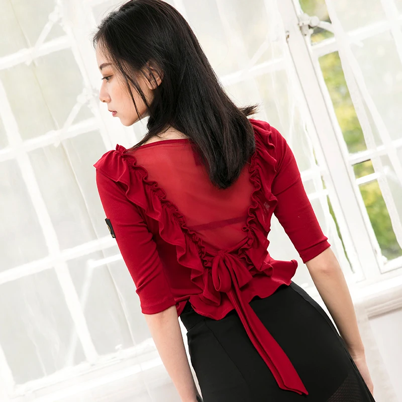 

2017 Womens Lady Adult Latin Dance Top M-XL Chinlon & Ice silk V Type Collar Ballroom Dance Tops Latin Stage Performance Shirt