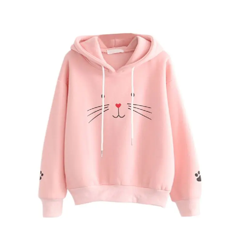 Women Pullover Hoodie Velvet Warm Plus Size Cute Cat Print