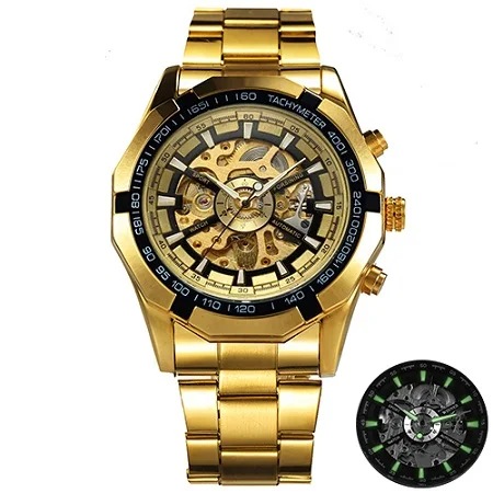 Лучший бренд класса люкс ПОБЕДИТЕЛЬ Мужские часы с изображением скелета автоматические механические золотистые часы-скелетоны Винтаж человек часы Для мужчин s часы Forsining - Цвет: Golden Golden Black