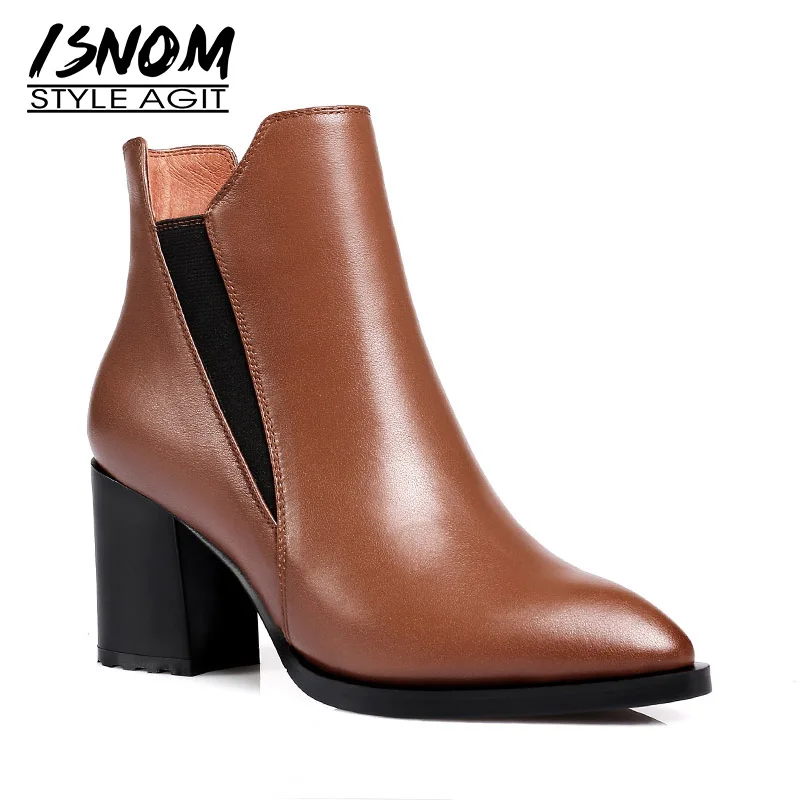 

ISNOM New High Heels Women Ankle Boots Solid Pointed Toe Short Plush Footwear Cow Leather Female Boot Black Shoes Women 2018
