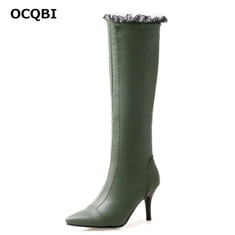 

OCQBI Sewing Lace Knee High Boots 2018 White Short Plush Fashion Sexy Winter High Heels Boots Women Pointed Toe Martens Boots