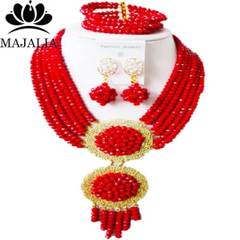 

Majalia Fashion Nigeria Wedding African Beads Jewelry Set Opaque red Crystal Necklace Bridal Jewelry Sets Free Shipping 6DN004