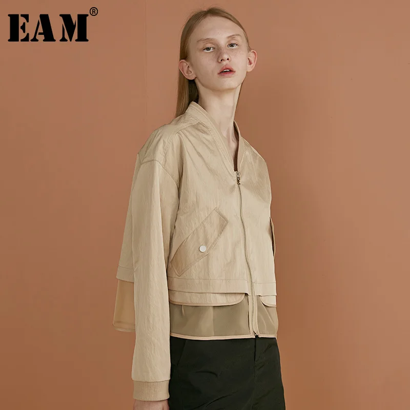 

[EAM] 2019 New Autumn Winter Stand Collar Long Sleeve Black Loose Mesh Stitch Thin Big Size Jacket Women Coat Fashion Tide JT362