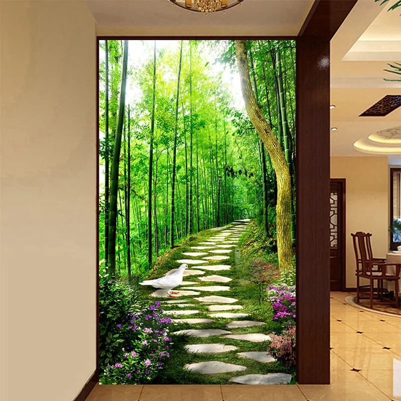 HD Fresh Small Road Green Bamboo Forest 3D Photo Mural ...