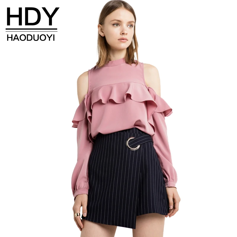 

HDY Haoduoyi Women Cold Shoulder Ruffle Frill Top Dusty Pink Long Sleeve Shirt Fashion Sweet Blouse Ladies Shirts Blouses Tops