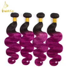 HairUGo Hair Pre-colored Brazilian Body Wave Bundles 100% Human Hair Omber #1B/bpurple Color 4Bundles Non Remy Hair Extensions
