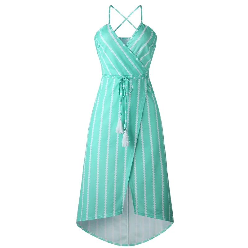 Сарафан с высокой талией, богемное сексуальное платье, лето, бохо, женское Повседневное платье в полоску, с лямкой на шее, для вечеринки, пляжные платья, Vestido - Цвет: 100001-green