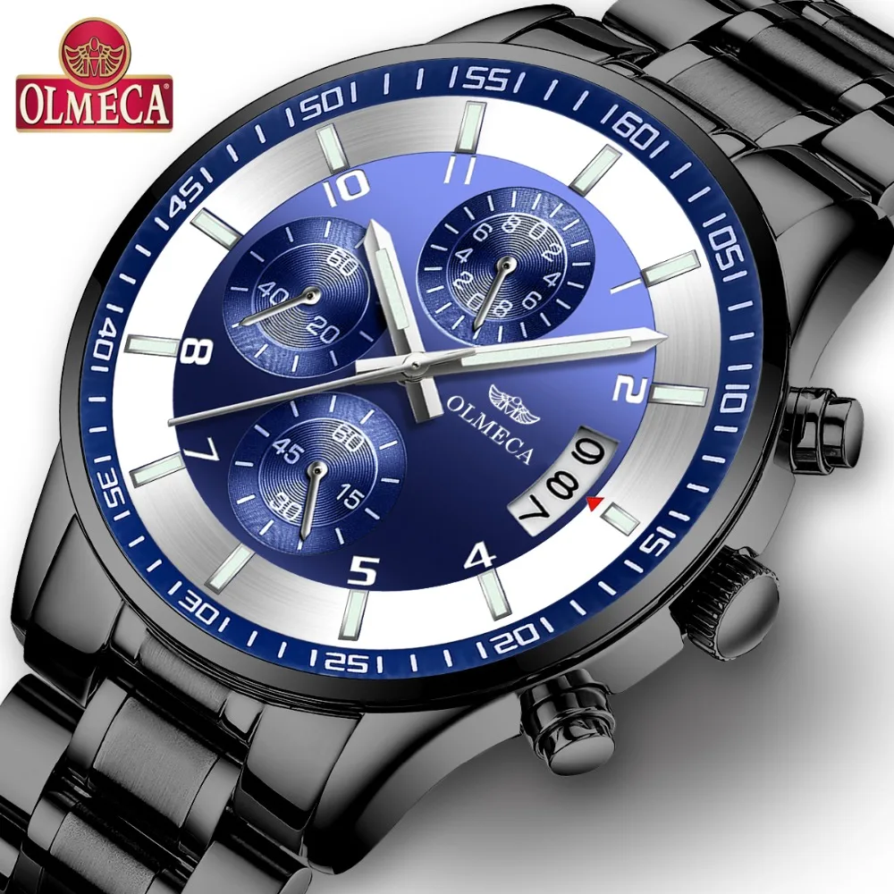 

OLMECA Men's Fashion Wristwatch Luminous Waterproof Chronograph Quartz Watches Auto Date relogio masculino Stainless Steel