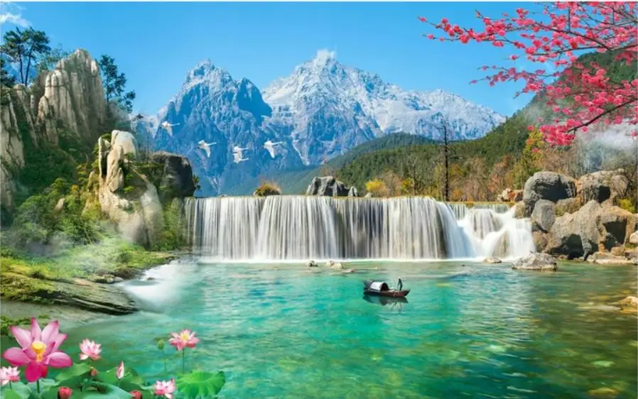 

modern wallpaper for living room Snow Mountain Waterfall Beautiful Fresh TV Background Wall