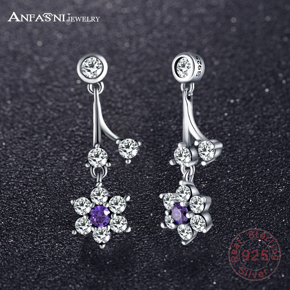 

ANFASNI TOP Fashion 925 Sterling Silver Flowers Earrings Beautiful Forget Me Not Purple & Clear CZ For Women Jewelry Gift
