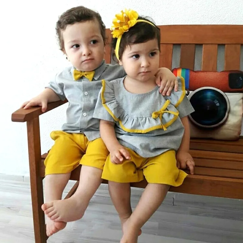 

New Toddler Baby Boys Girls Clothes Set for Brother Sister Matching Outfits Photography Short Sleeve+Shorts Clothes Cotton