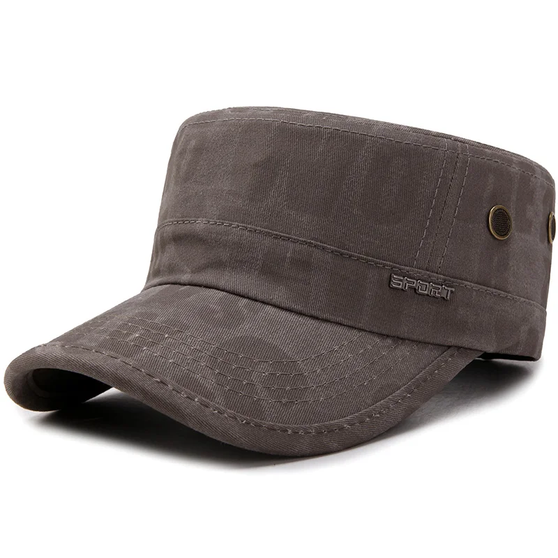 

Men's Flat Top Military Hat with Dim letter pattern Metal logo Breathable eyelet Adjustable Field Cap Kepi Army Postman Black
