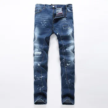 

Fashion youth and trendy brand Europe America hole male men's jeans stretch Slim patch splash ink pockets decorated trousers men