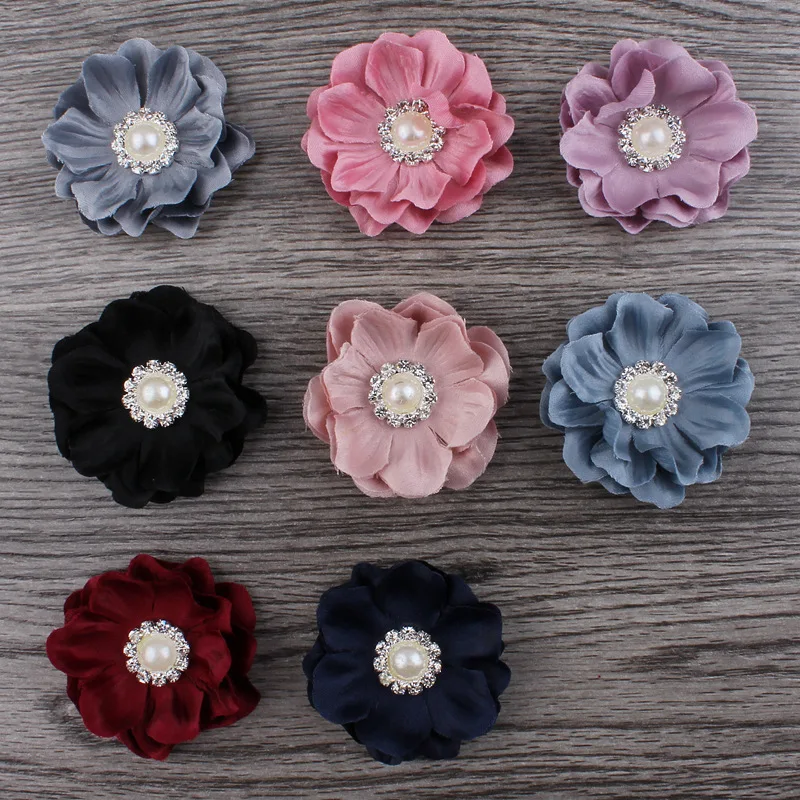 

120pcs/lot 4.6cm 8colors Hair Clips Mini Felt Flower+Rhinestone Pearl Bead For Hair Accessories DIY Fabric Flowers For Headbands