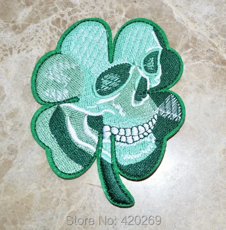 

Green Skull skeleton Four Leaf Clover goth punk emo horror biker Iron On Patches,Appliques, Made of Cloth,100% Quality