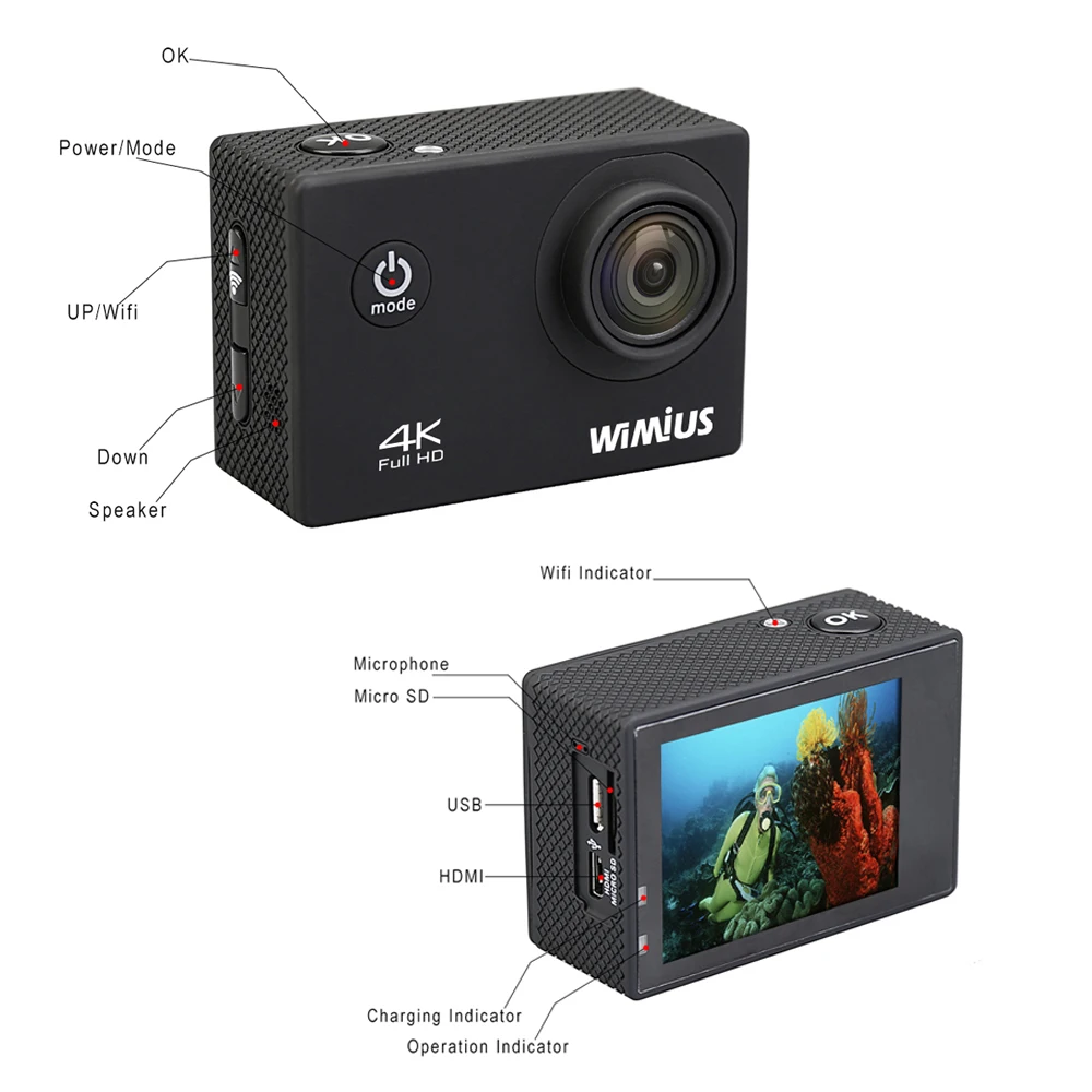 Wimius 4 К Wifi Действий Камеры 2.0 &quotЖК фотоаппарат Full HD 1080 P 60fps шлем Спорта Mini DV 170D