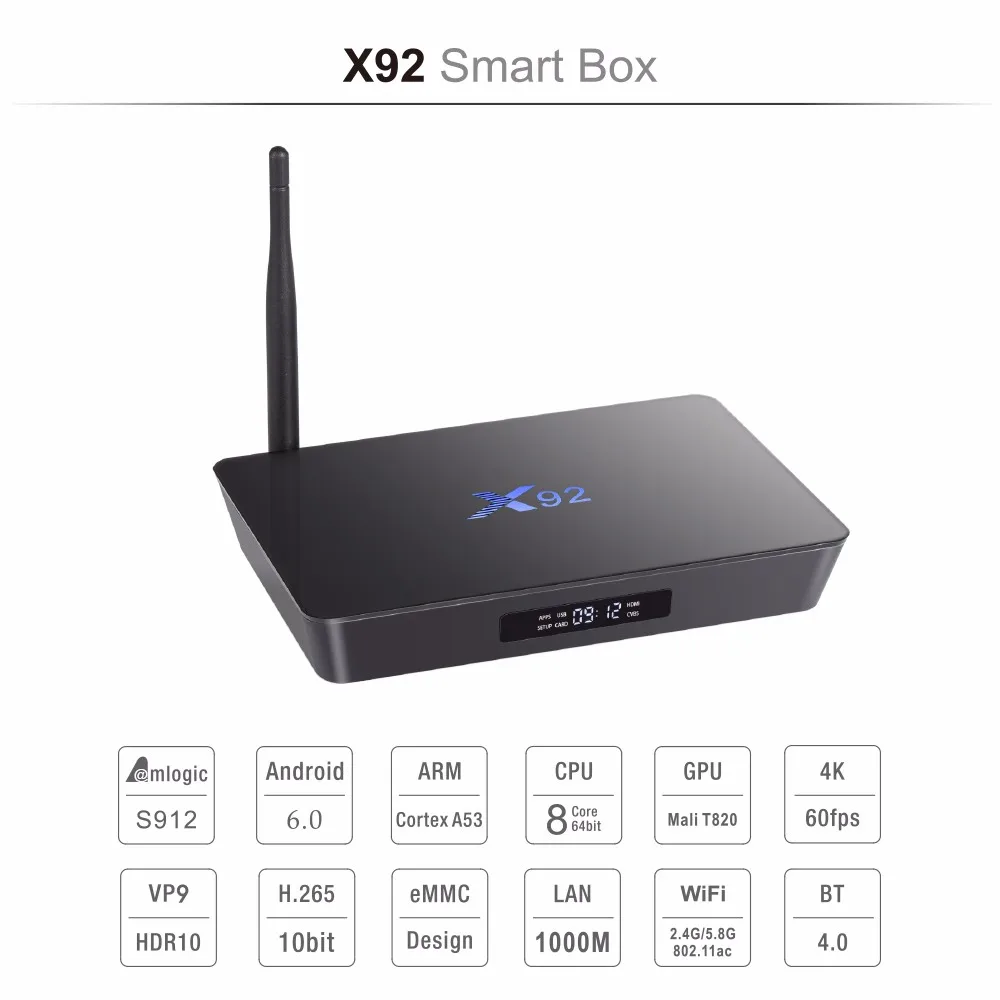 10 шт. X92 S912 Восьмиядерный Android 7,1 ТВ-коробка Marshmallow Amlogic S912 двойной wifi H.265 1000 м Lan смарт-приставка