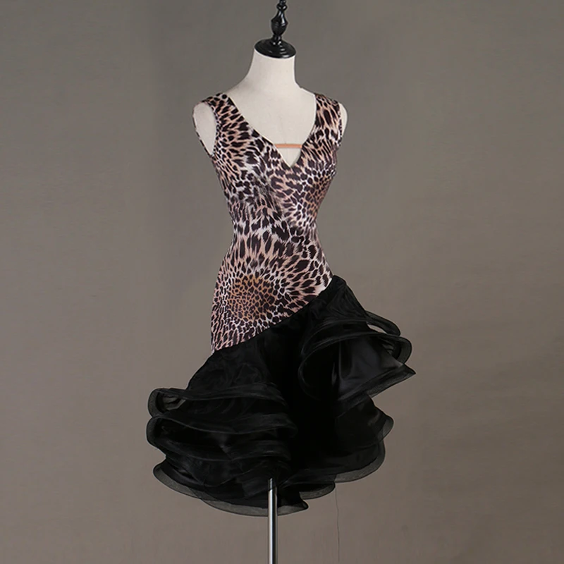 Платье для латинских танцев для женщин, сальса, конкурс латиноамериканских танцев, дешевые платья D0310 с леопардовым принтом, пушистый отвесный подол