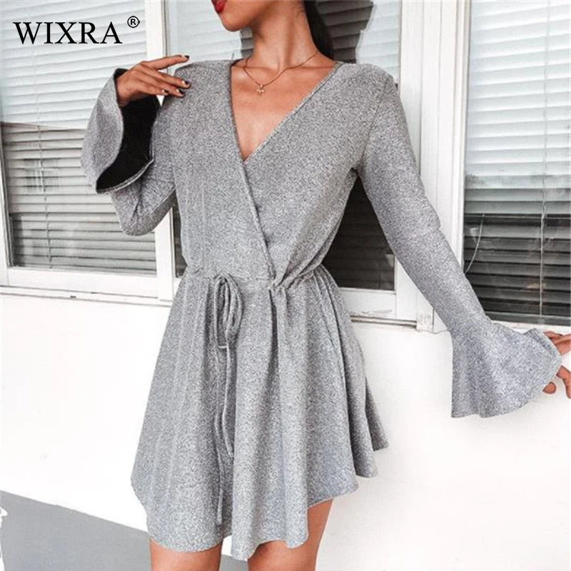 

Wixra New Hot Solid Ruffles Mini Dress Women With Sashes Flare Sleeve Short Dress Spring Summer Womens Clothing