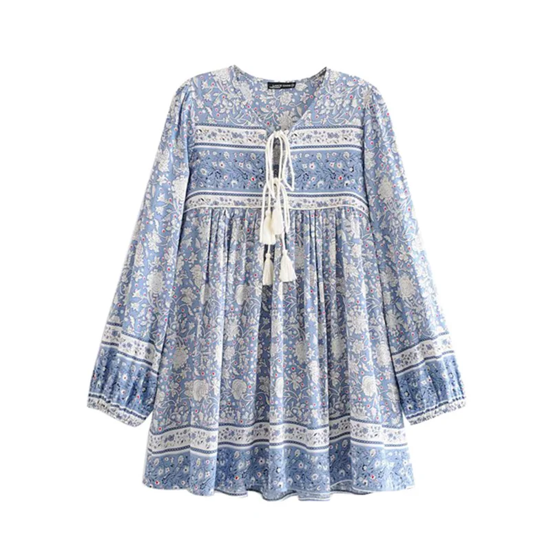 

GYPSY Boho Chic Summer Tops Vintage Floral Print Tassel Pleated Blouses Women Fashion Long Sleeve Beach Shirts Blusas Mujer