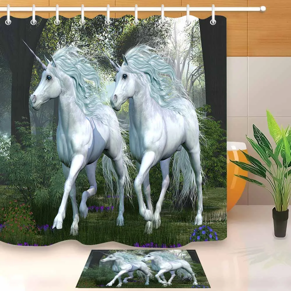Curtain and mat set LB два белых единорога пробежать через Elm дерево лес занавеска для душа с ковриком набор водостойкий материал для ванной для декора ванной - Цвет: Curtain and mat set