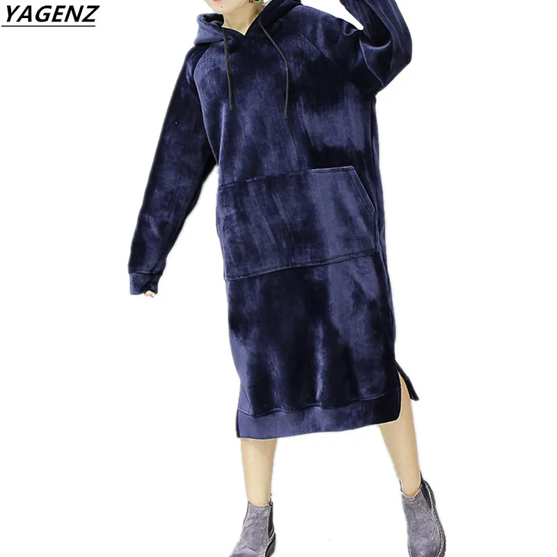 

Hooded Long Sleeves Dress 2017 New Fashion Autumn Winter Flocking Medium Length Dress Warm Comfortable Casual Tops YAGENZ A97