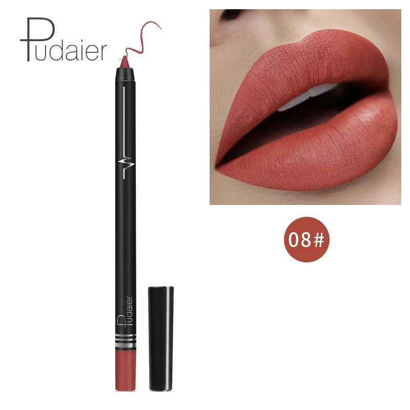 Pudaier макияж губ matte lip liner pencil waterpoof долговечный пикантные красные открытые помада ручка контур губ комплект серый, черный цвет PD013 - Цвет: 08