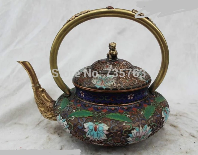 

001388 8"Chinese Bronze Gild Cloisonne Enamel Lion lotus flower wine pot Statue