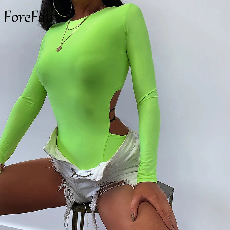 Forefair, о-образный вырез, длинный рукав, женские топы,, модные, тонкие, открытая спина, неоновые, зеленые, оранжевые, черные, Осенние сексуальные боди - Цвет: Neon Green Bodysuit