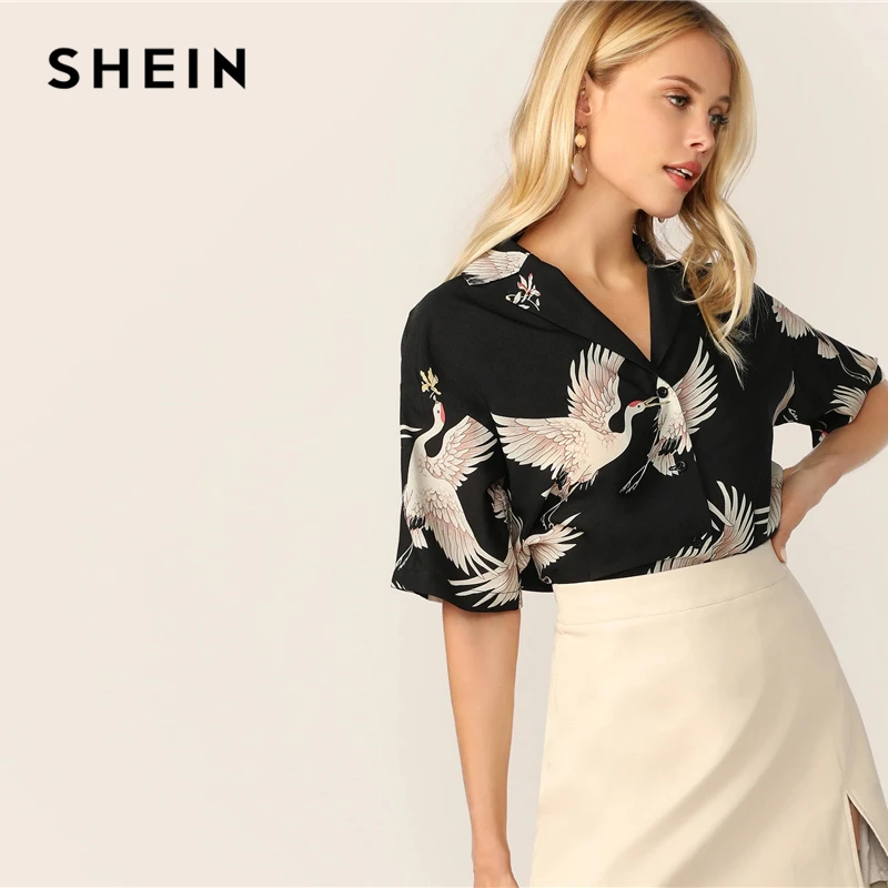 SHEIN Рубашка С Принтом И Оригинальным Воротником Бохо Летние Женские Блузки С Средним Рукавом