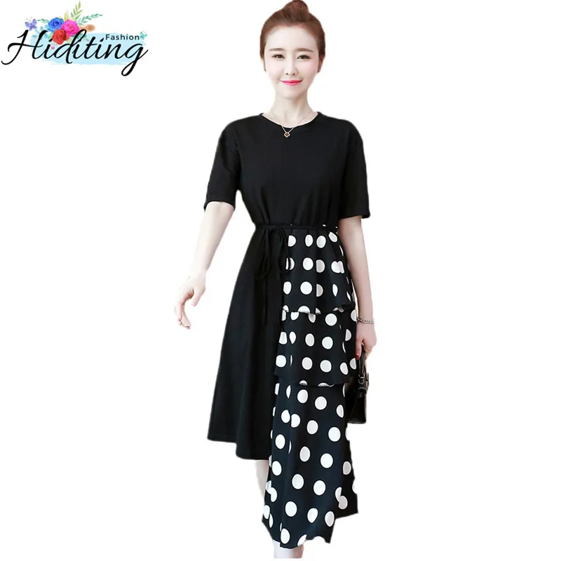 

Summer New Dress 2019 Large Size Medium Long Irregular Polka Dot Dress Stitching Ruffled Slim Slimming Female Dress Black WIN843