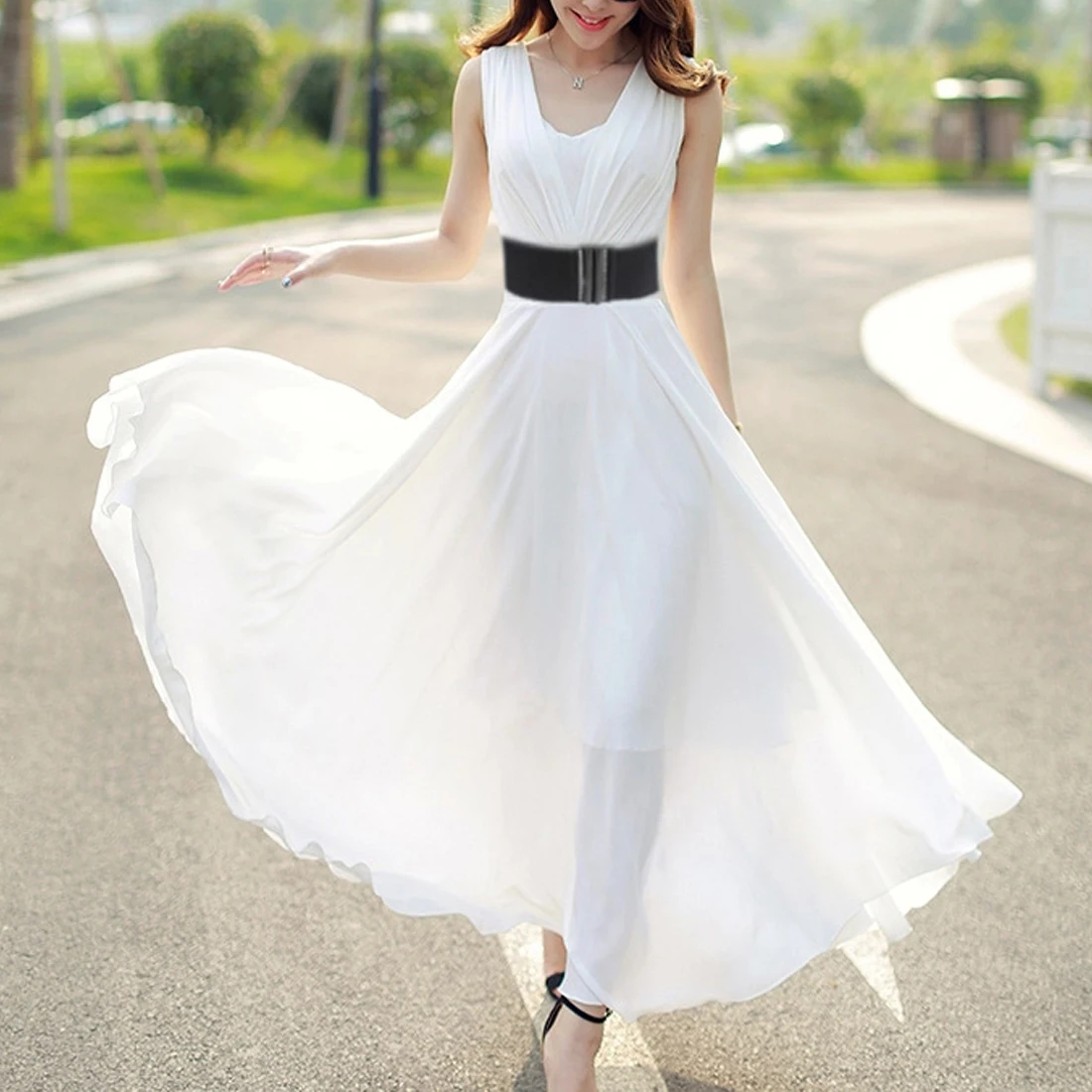 Dress belt Elegant Women Lady Girls Silver Wide Buckle Stretch Elastic